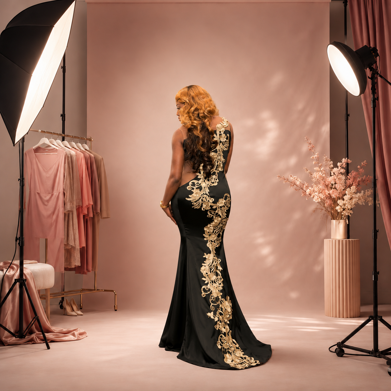 Mannequin draped with blush tulle